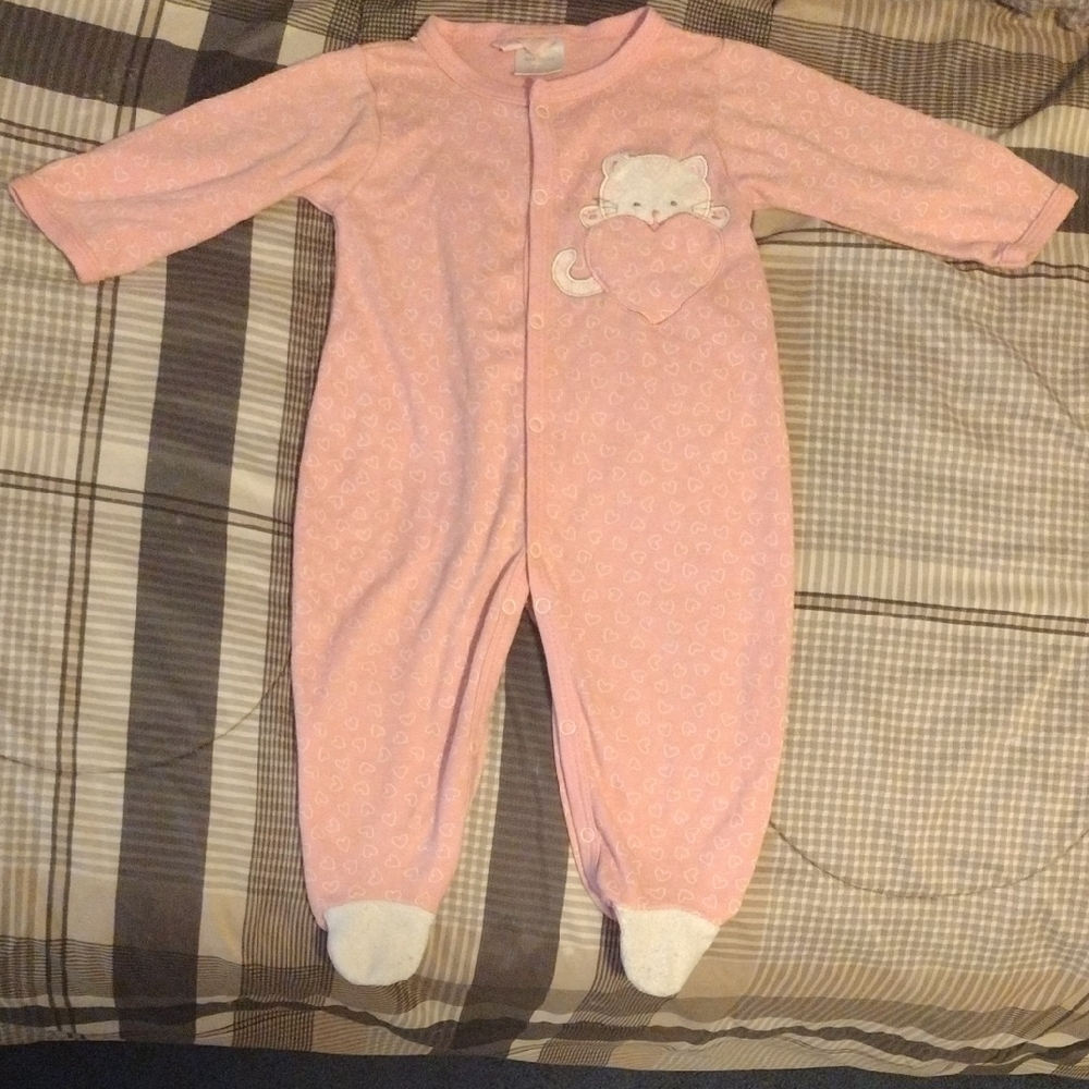 Vintage Pink Heart & Cat Baby Footed One-Piece